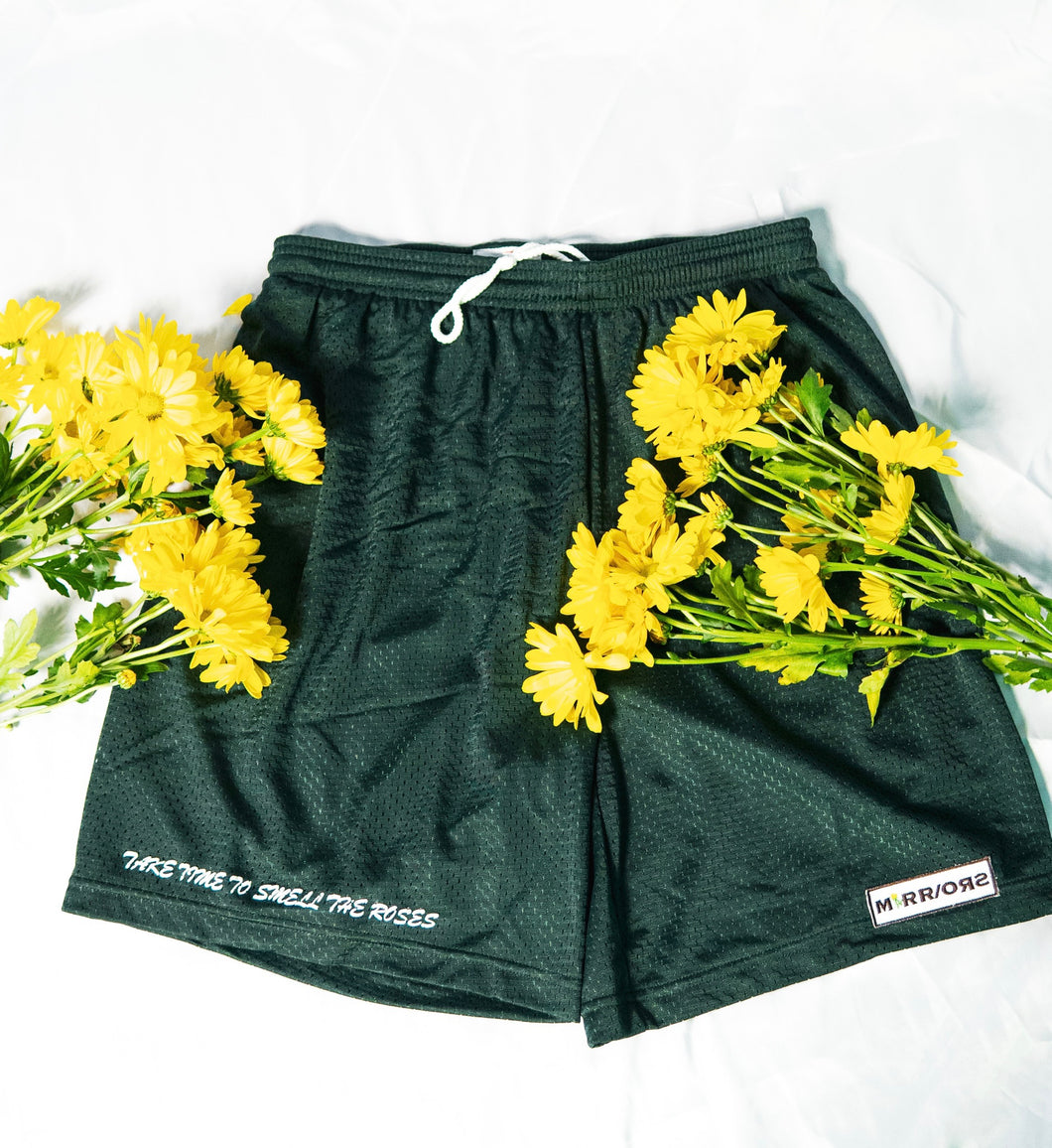 Mirrors Flower Patchwork Mesh Shorts (Forest Green)