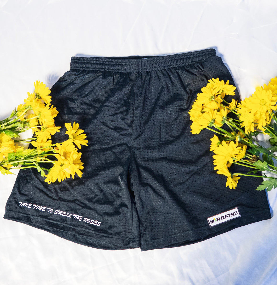 Mirrors Flower Patchwork Mesh Shorts (Navy Blue)